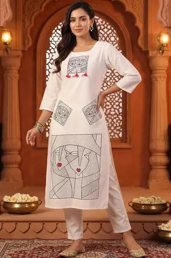 women printed regular cotton kurta with trousers