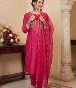 women ethnic motifs embroidered regular kurta with trousers & with dupatta