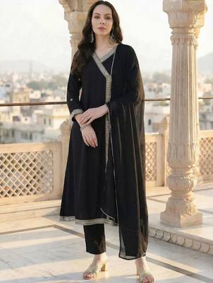 women angrakha kurta with trousers & with dupatta 5