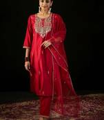 women ethnic motifs embroidered regular liva kurta with trousers & with dupatta