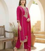 women ethnic motifs embroidered regular thread work kurta with trousers & with dupatta