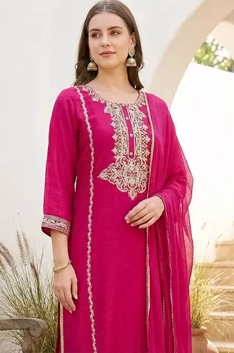 women ethnic motifs embroidered regular thread work kurta with trousers & with dupatta
