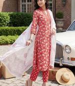 women floral printed empire cotton kurta with trousers & with dupatta