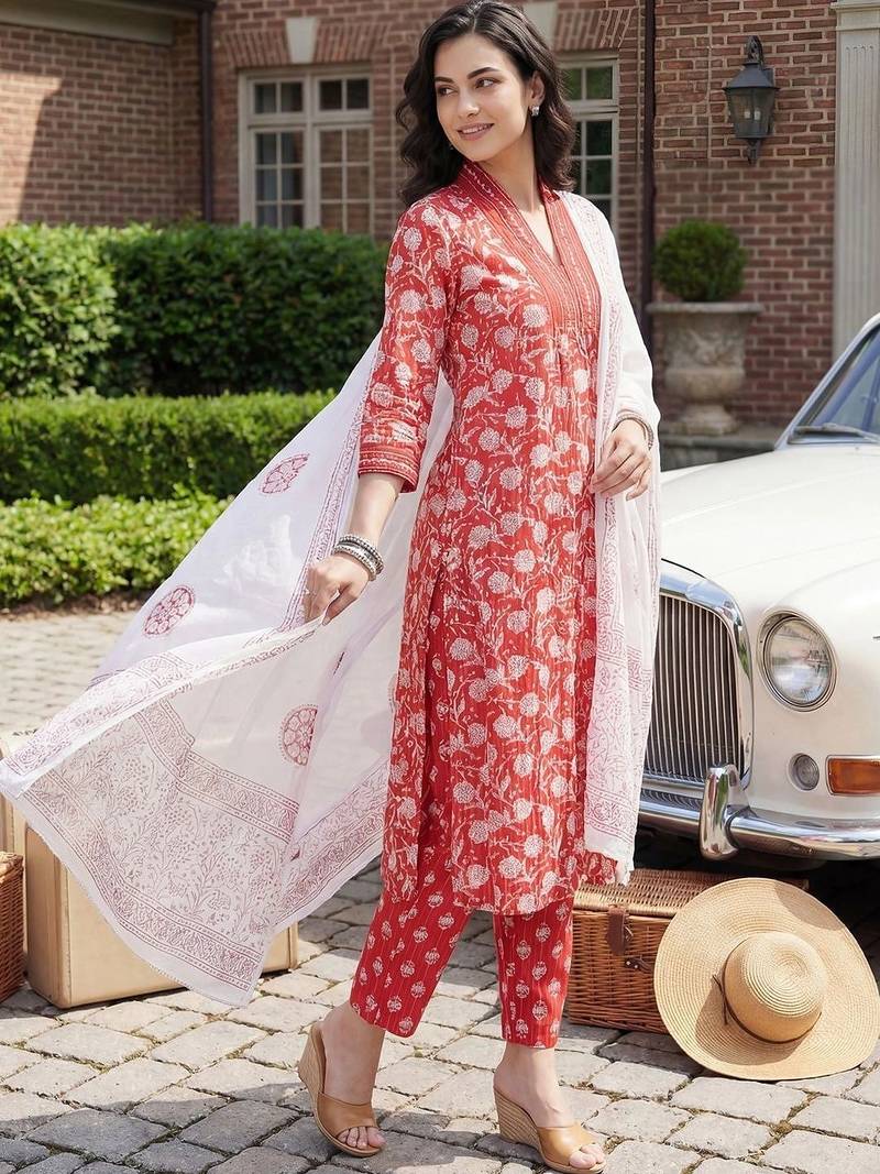 women floral printed empire cotton kurta with trousers & with dupatta