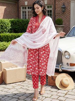 women floral printed empire cotton kurta with trousers & with dupatta 6