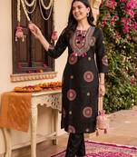 women ethnic motifs embroidered regular thread work cotton kurta with trousers