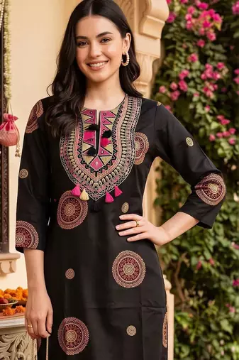 women ethnic motifs embroidered regular thread work cotton kurta with trousers