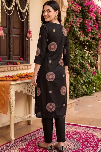 women ethnic motifs embroidered regular thread work cotton kurta with trousers