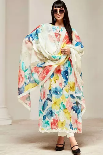 women floral printed regular kurta with trousers & with dupatta