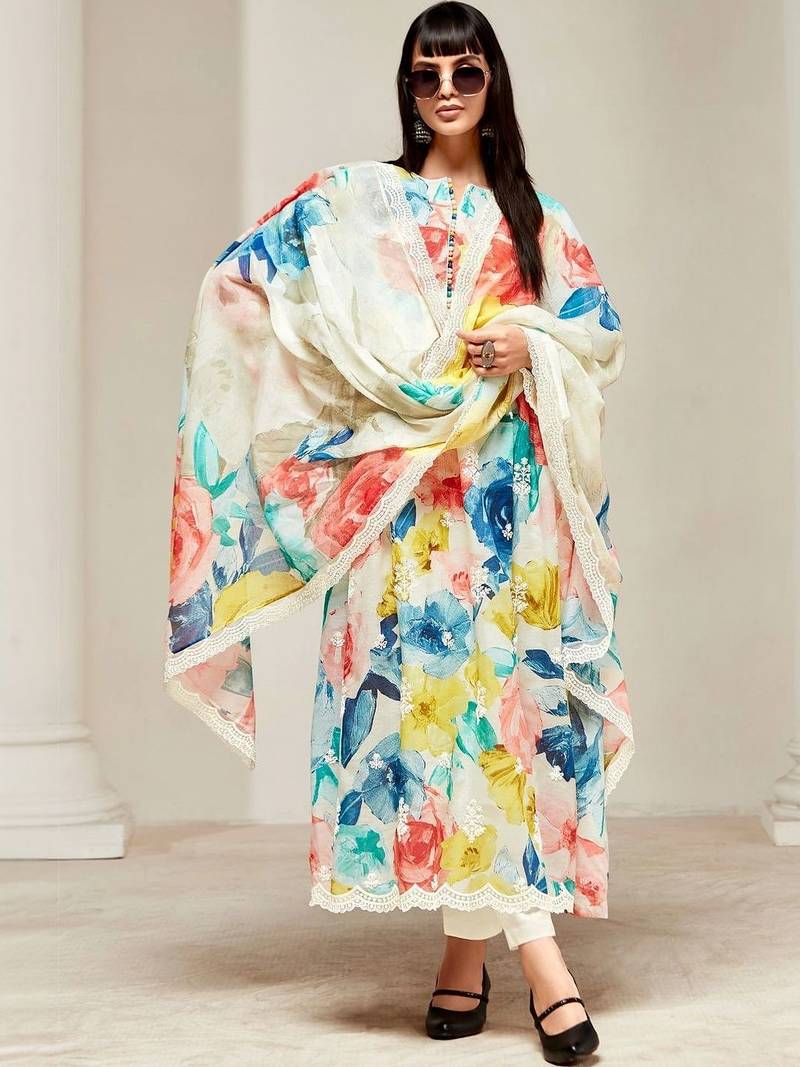 women floral printed regular kurta with trousers & with dupatta