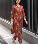 women ethnic motifs printed regular cotton kurta with trousers