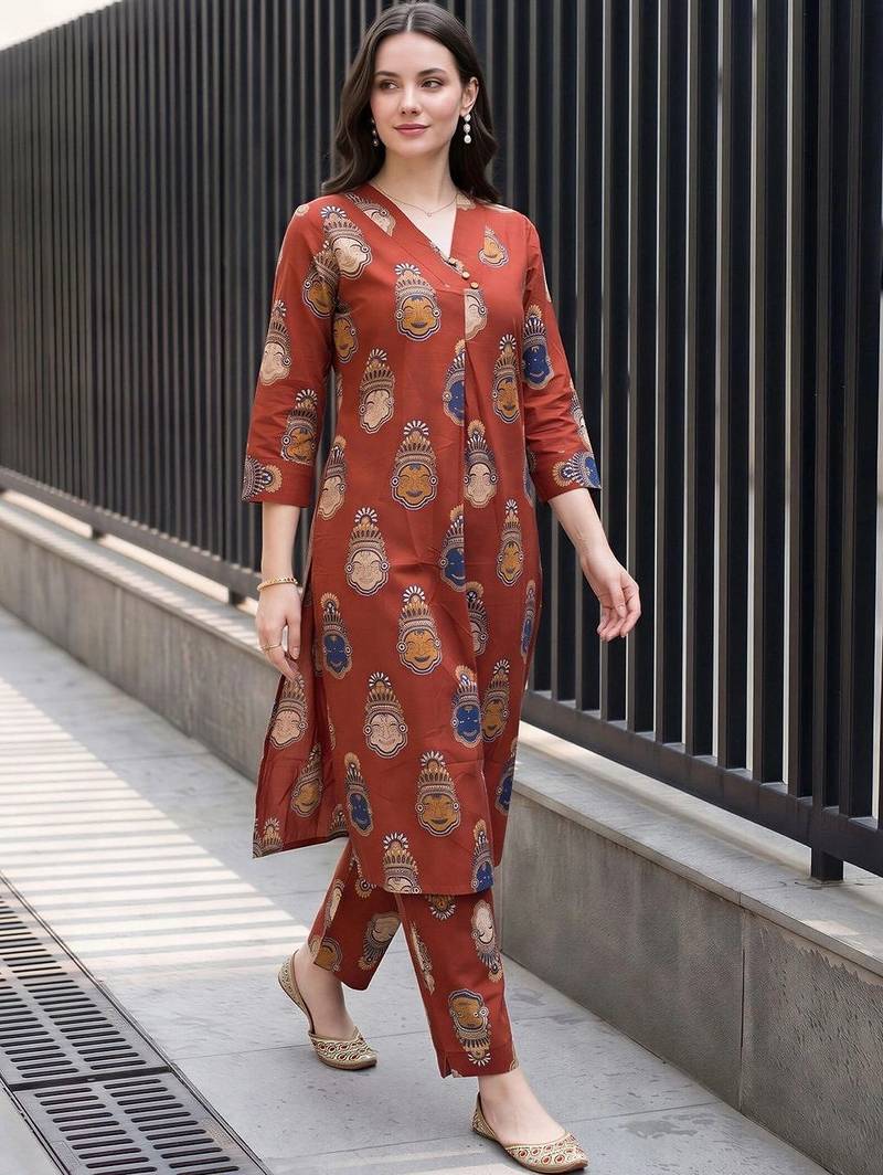 women ethnic motifs printed regular cotton kurta with trousers