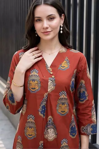 women ethnic motifs printed regular cotton kurta with trousers