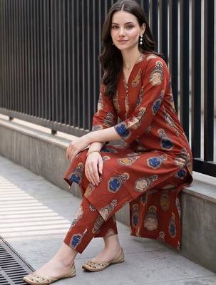 women ethnic motifs printed regular cotton kurta with trousers 6