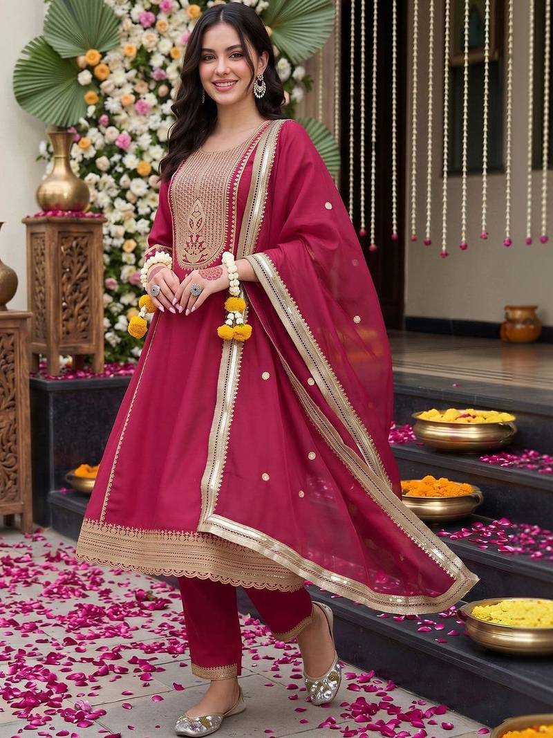 women ethnic motifs embroidered regular kurta with trousers & with dupatta