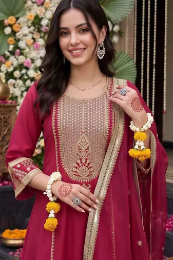 women ethnic motifs embroidered regular kurta with trousers & with dupatta