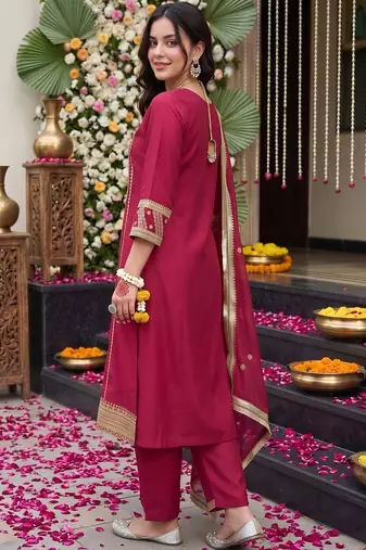 women ethnic motifs embroidered regular kurta with trousers & with dupatta