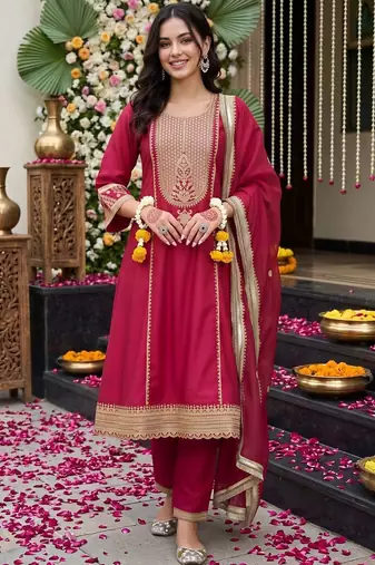 women ethnic motifs embroidered regular kurta with trousers & with dupatta