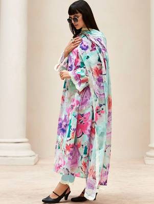 women floral printed regular thread work kurta with trousers & with dupatta 2
