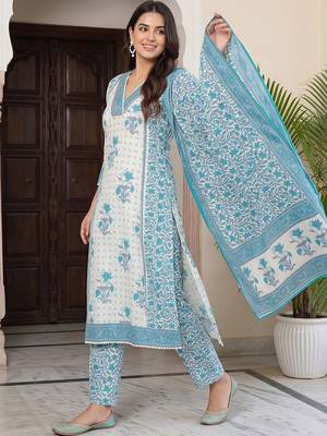 women ethnic motifs printed regular cotton kurta with trousers & with dupatta 1