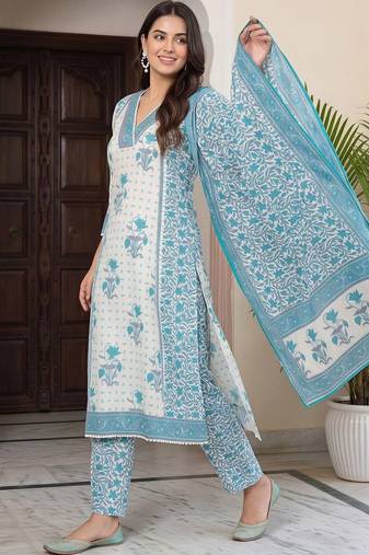 women ethnic motifs printed regular cotton kurta with trousers & with dupatta