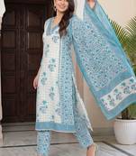 women ethnic motifs printed regular cotton kurta with trousers & with dupatta