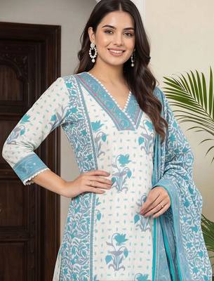 women ethnic motifs printed regular cotton kurta with trousers & with dupatta 2
