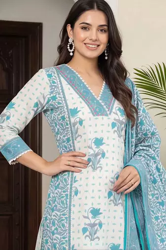 women ethnic motifs printed regular cotton kurta with trousers & with dupatta