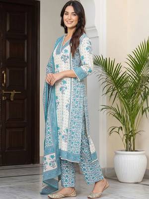women ethnic motifs printed regular cotton kurta with trousers & with dupatta 3