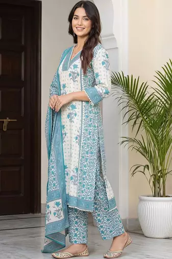 women ethnic motifs printed regular cotton kurta with trousers & with dupatta