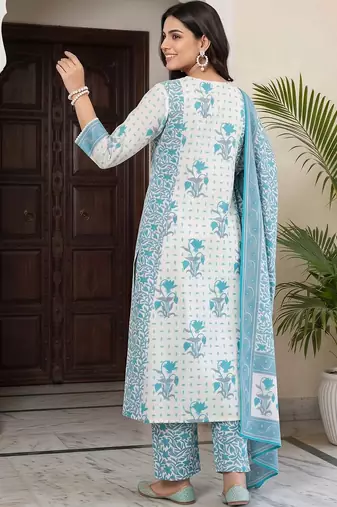 women ethnic motifs printed regular cotton kurta with trousers & with dupatta
