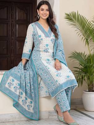 women ethnic motifs printed regular cotton kurta with trousers & with dupatta 5