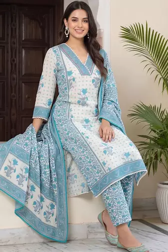 women ethnic motifs printed regular cotton kurta with trousers & with dupatta