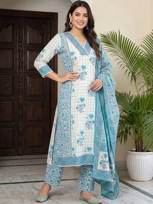 women ethnic motifs printed regular cotton kurta with trousers & with dupatta 6
