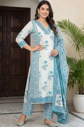 women ethnic motifs printed regular cotton kurta with trousers & with dupatta