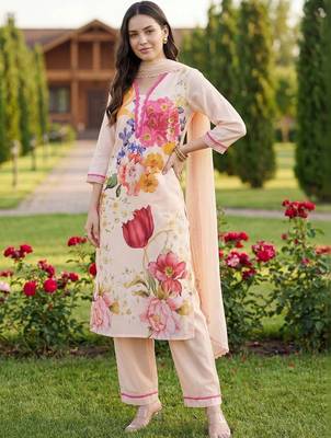 women floral printed regular linen kurta with trousers & with dupatta 1
