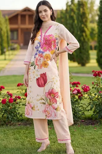 women floral printed regular linen kurta with trousers & with dupatta
