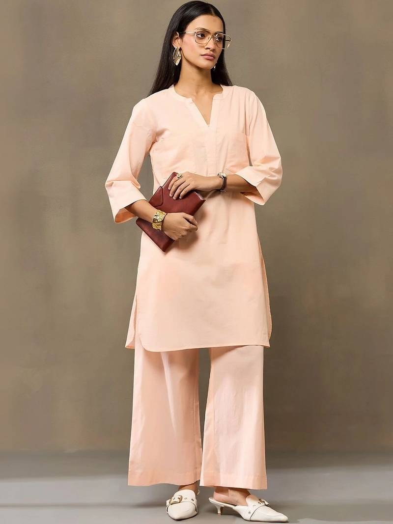 Peach Women Regular Pure Cotton Kurta with Palazzos