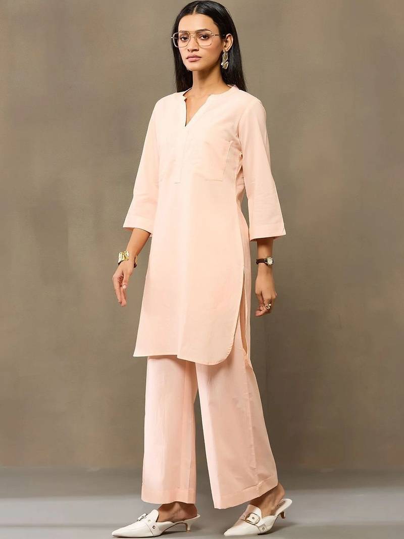 Peach Women Regular Pure Cotton Kurta with Palazzos