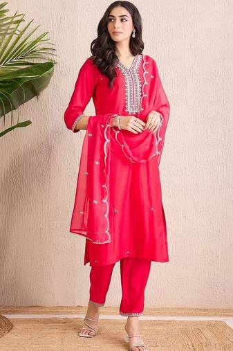 women ethnic motifs embroidered regular thread work liva kurta with trousers & with dupatta