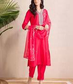 women ethnic motifs embroidered regular thread work liva kurta with trousers & with dupatta