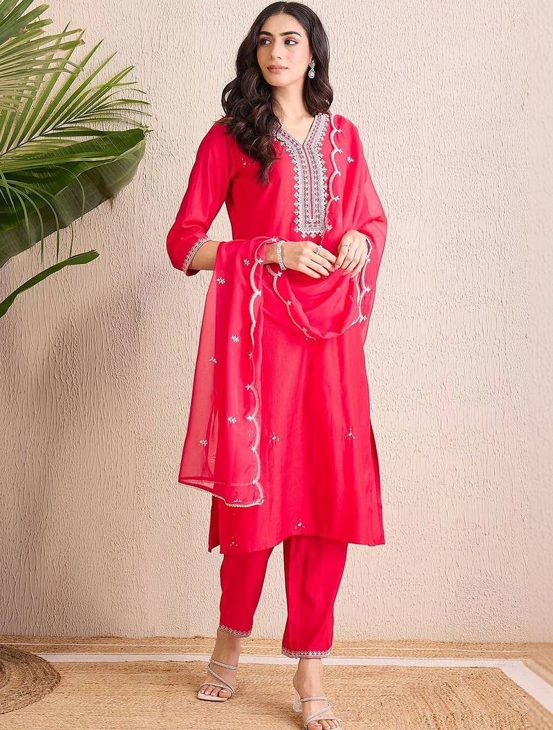 women ethnic motifs embroidered regular thread work liva kurta with trousers & with dupatta