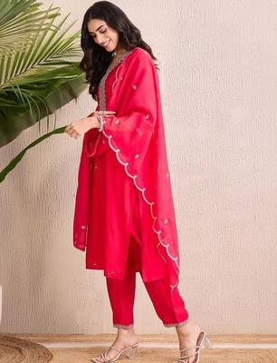 women ethnic motifs embroidered regular thread work liva kurta with trousers & with dupatta 4