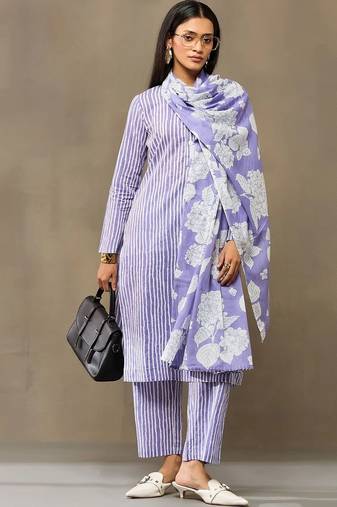 Lavender Women Striped Regular Pure Cotton Kurta with Trousers & With Dupatta