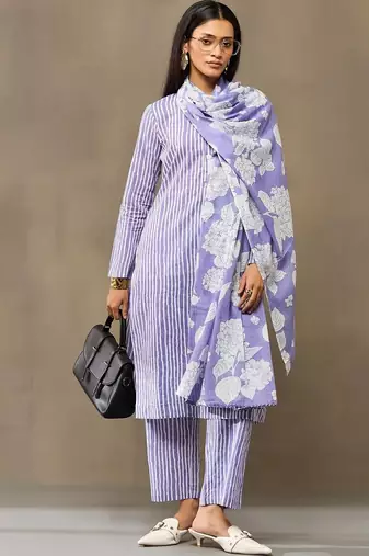 Lavender Women Striped Regular Pure Cotton Kurta with Trousers & With Dupatta
