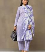 Lavender Women Striped Regular Pure Cotton Kurta with Trousers & With Dupatta