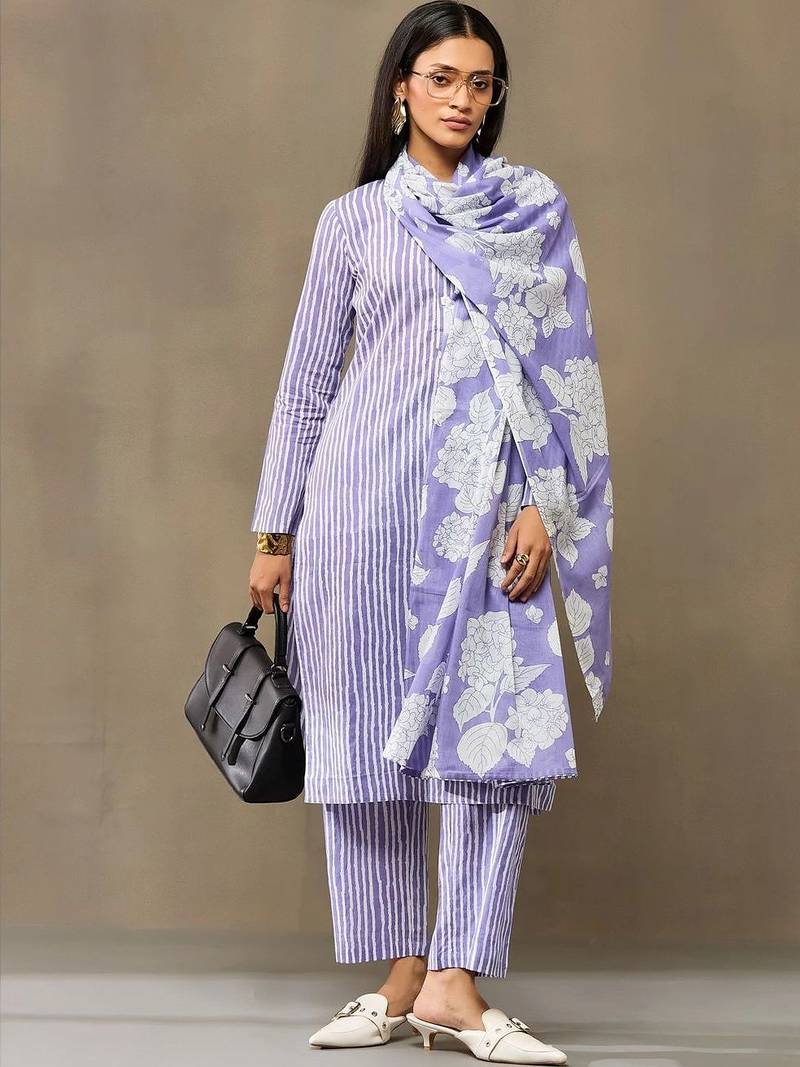 Lavender Women Striped Regular Pure Cotton Kurta with Trousers & With Dupatta