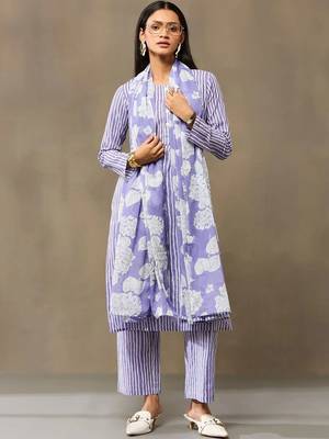 Lavender Women Striped Regular Pure Cotton Kurta with Trousers & With Dupatta 2