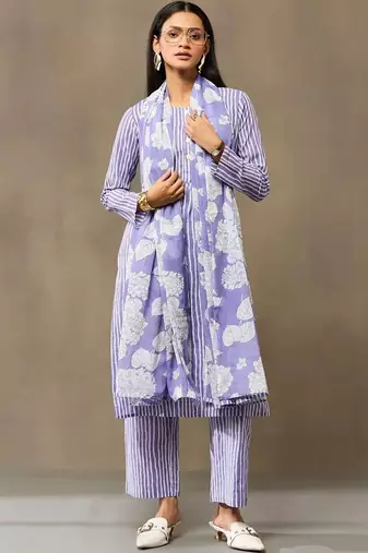 Lavender Women Striped Regular Pure Cotton Kurta with Trousers & With Dupatta