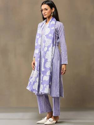 Lavender Women Striped Regular Pure Cotton Kurta with Trousers & With Dupatta 3